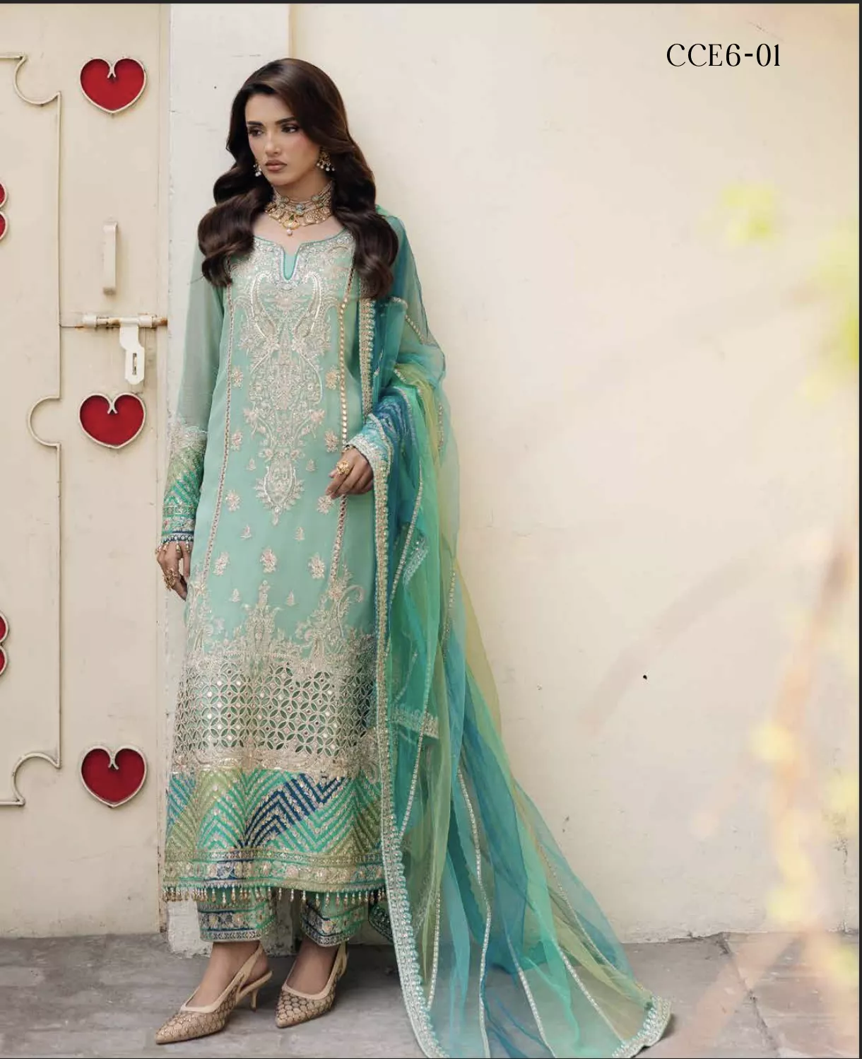 Mint Meadow – Embroidered 3-Piece with Ombre Dupatta