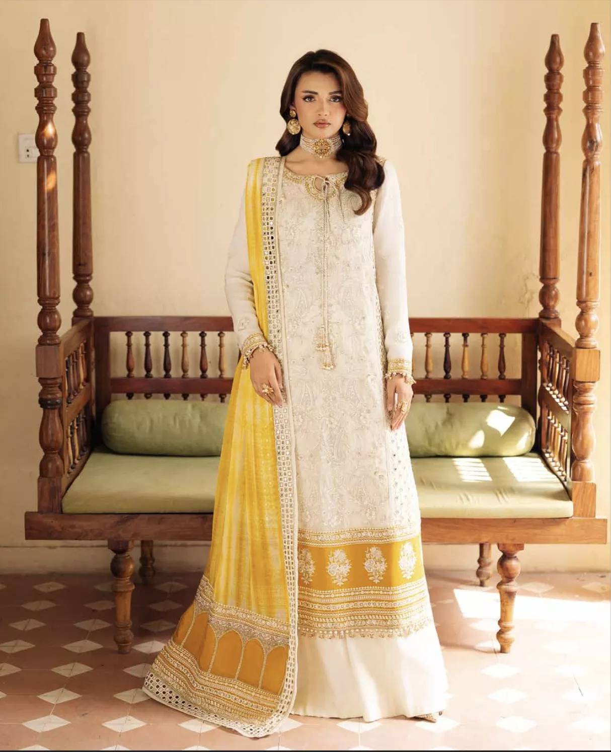 Ivory Bloom – Embroidered 3-Piece with Mustard Dupatta