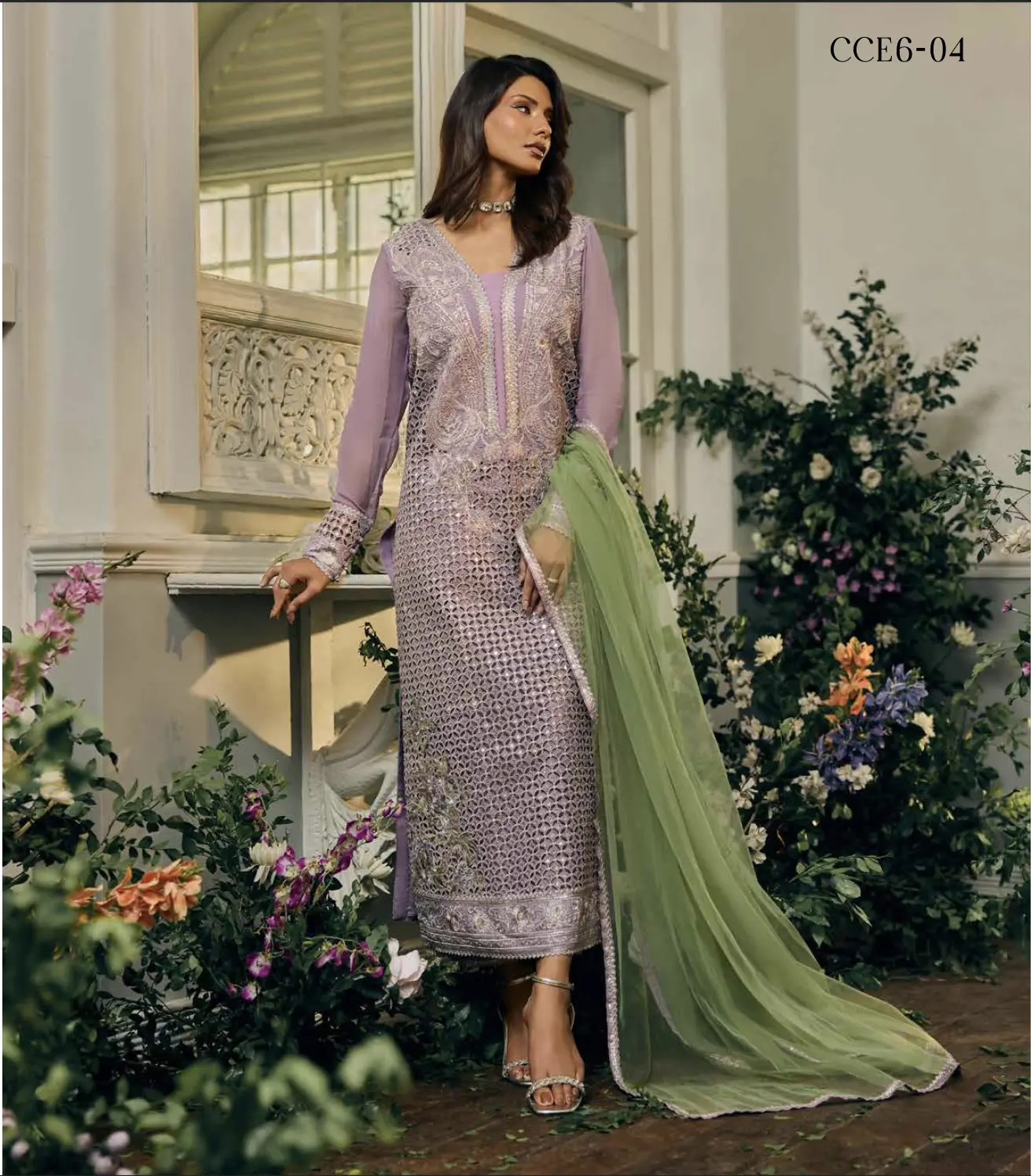 Lilac Bloom – Front-Slit 3-Piece with Sage Dupatta