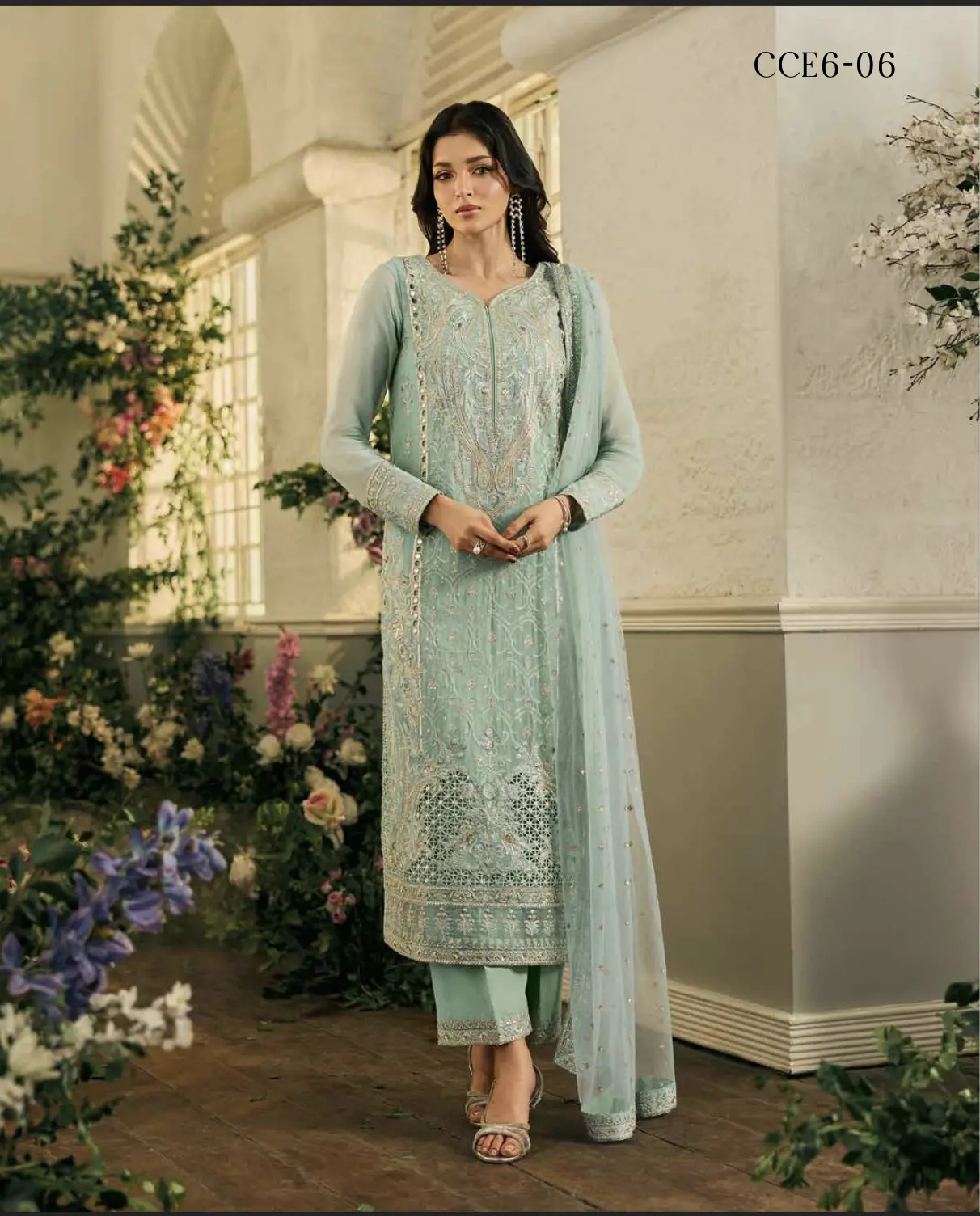 Powder Sky – Embroidered 3-Piece with Draped Dupatta